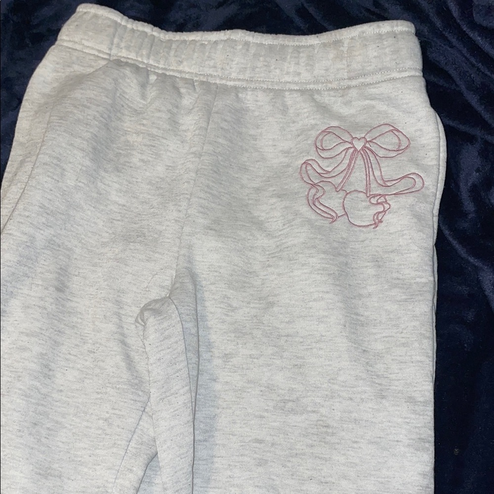 Chic Gray Kids Joggers with Pink Bow Embroidery